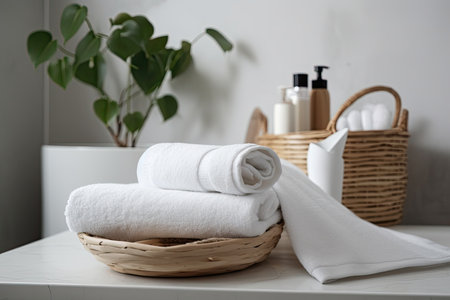 White spa towels and a modern bathroom decor backgroundの素材