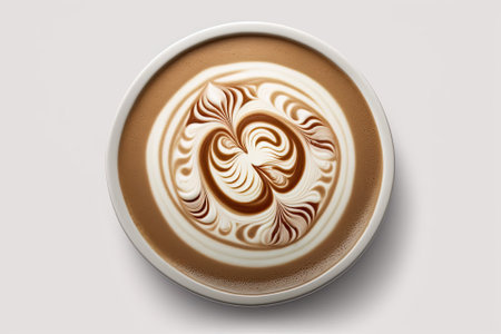 Latte art coffee, top view, isolated on a white backgroundの素材