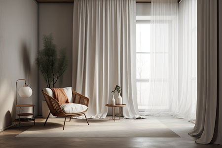 Interior mock up of a living room with a blank wall, white chair, and curtainの素材