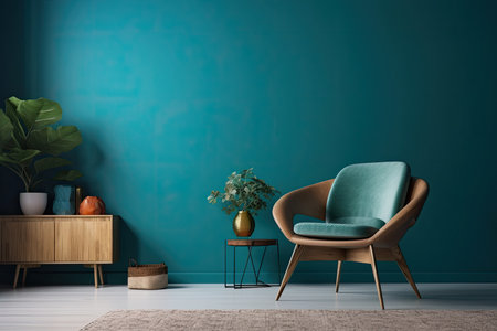 Interior of a mock living room with a chair against a blank, blue wallの素材