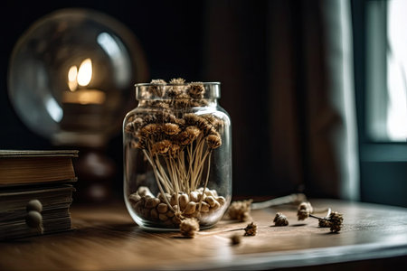 On a wooden table, a dry flowerの素材