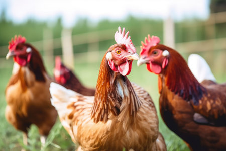 Organic farm with happy hens Chicken Portraitの素材