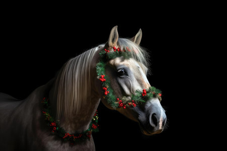 Portrait of a horse with colorful Christmas decorations against a dark backgroundの素材