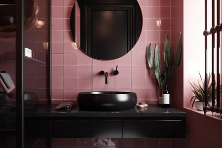 Round sink with spacious toiletries cabinets behind it in a pink and black tiled bathroom. a mockupの素材