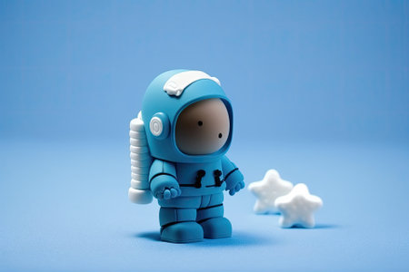 Toy astronaut on a blue background. Space for text about cosmos gadgetsの素材
