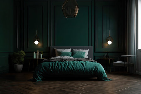 a nice little bedroom in dark green. in frontの素材
