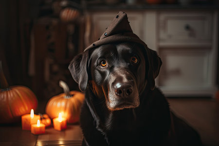 At home, a cute labrador dog with Halloween pumpkins and a witch hatの素材