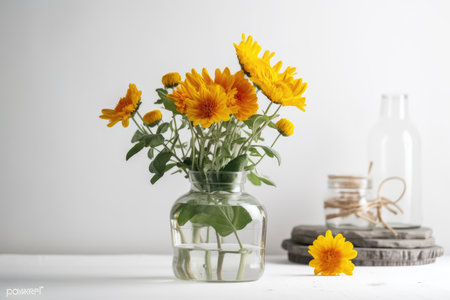 Summer flowers in a vase are depicted in a mockup on a white backgroundの素材