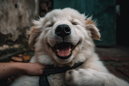A happy puppy receiving a tummy rubの素材