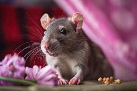 Gatsby, the rat, sits on a pink striped cloth. background with blurred flowersの素材