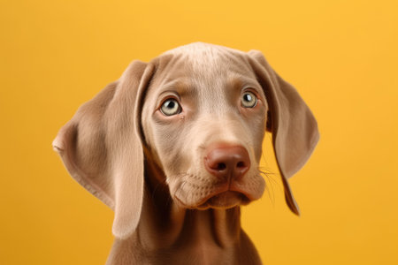 On a yellow background, an adorable Weimaraner puppy is depictedの素材