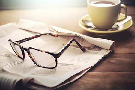 Reading glasses, a coffee cup, and newspapers. concentrated reading glasses in a toned imageの素材