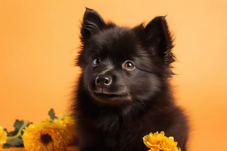 adorable black spitz puppy with flower in studio on beige background. Generative AIの素材
