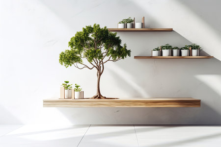 Shelves for display with a mock up of a little tree on a white wall outsideの素材