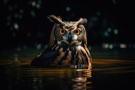 At night, an owl stands in waterの素材