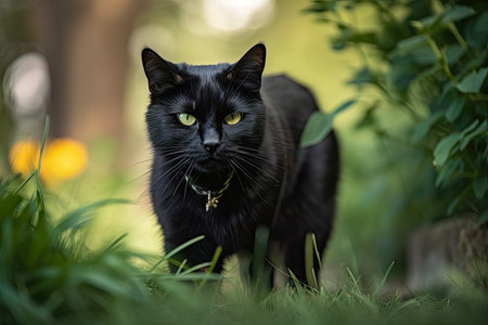 A black cat walks through the green garden grassの素材