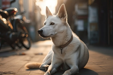 Adorable white dog seated on the street in the morning. Generative AIの素材