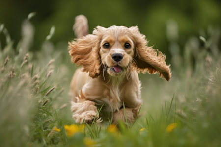 A puppy cocker spaniel runs through the green grassの素材