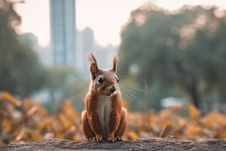 Adorable squirrel looking at blurred India city background. Generative AIの素材