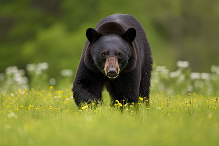 A mature black bear strolls across springtime meadowsの素材