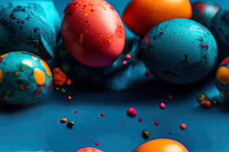 Bright easter eggs against a blue backgroundの素材
