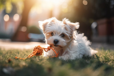 In the garden, a puppy dog chews on a toyの素材