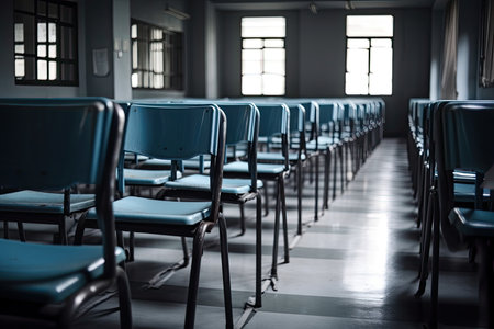 Bangkok, Thailand, 10 11 2022 Roll of chairs in an empty classroomの素材