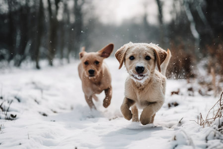Cute puppy sprints vertically ahead of large dogs in the snow. Generative AIの素材