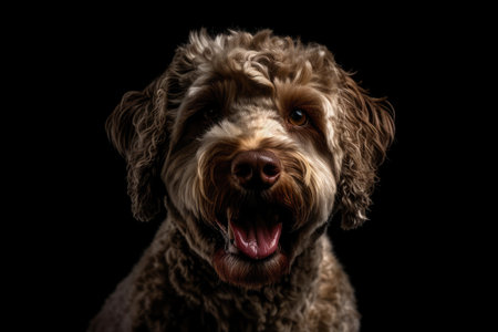 Portrait of a cute lagotto with a hanging tongue looking at the cameraの素材