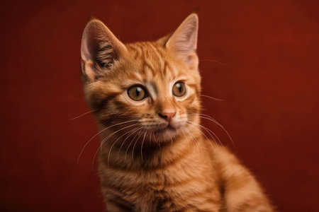 Scottish straight red tabby kitten in hilarious poses against a burgundy backgroundの素材