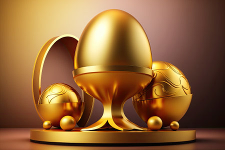 Golden ball with Easter eggs on a platform backgroundの素材
