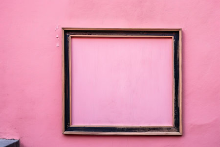 Outside on the pink wall, an old, brown wooden frameの素材