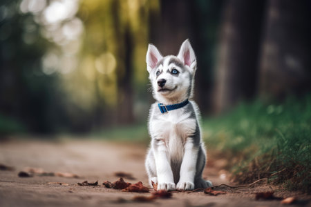 Husky puppy performs the sit command beautifullyの素材