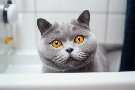 The British Shorthair Cat is lying on his back in the bathroom between the shower and the bathtubの素材