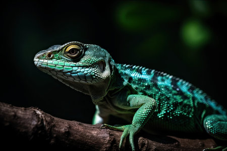 Lizard on a branch against a black and green backgroundの素材