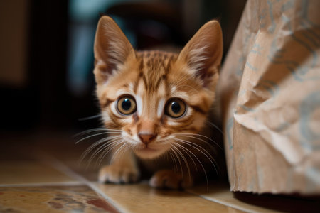 Playing with paper on the floor is a striped kittyの素材