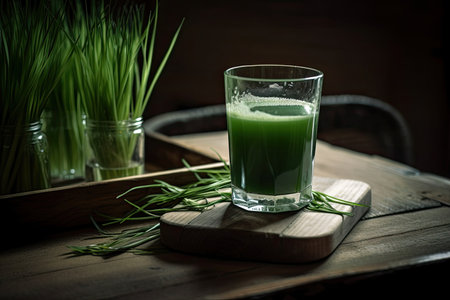 a photograph of wheat grass juice on a tableの素材