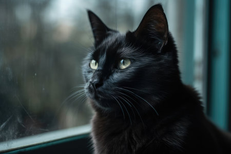 sitting in a window sill is a black catの素材