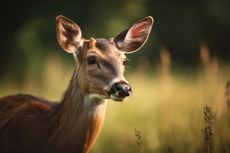A close up of a deer on a green fieldの素材