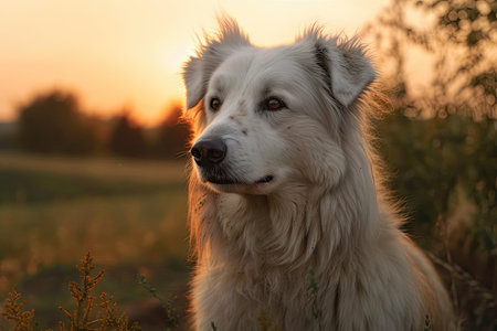 At twilight, a beautiful fluffy South Russian shepherd dog outsideの素材