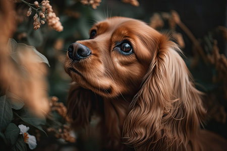 A flower is close to a brown dogの素材