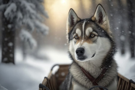 Adorable gray sled dog. A husky from Siberia pulls a sled through the snowy woods in the winterの素材