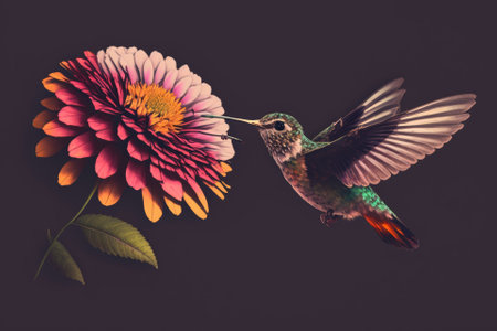 A zinnia bloom and a hummingbird hovering in midairの素材