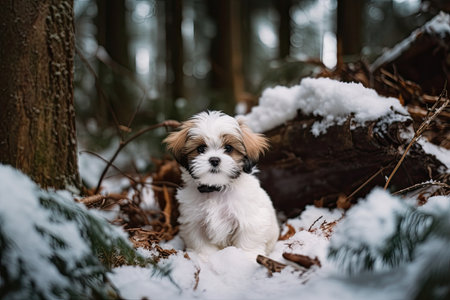A tiny puppy in a woodland covered in snow. Generative AIの素材