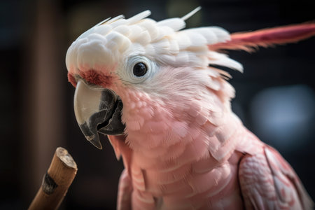 A pink cockatoo playing with a stick has a fractured beak. Generative AIの素材