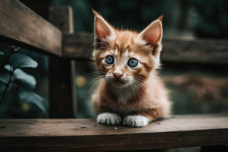 At an outdoor park, a kitten is playing on a wooden bench. Generative AIの素材