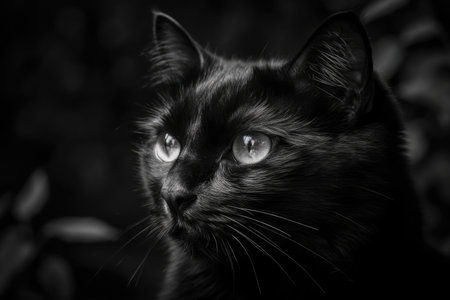 A monochrome photograph of a black cat. Generative AIの素材