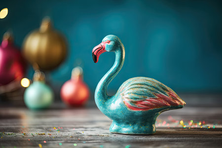 A cheerful greeting, postcard with copyspace, and a colorful ceramic flamingo toy for the holidaysの素材