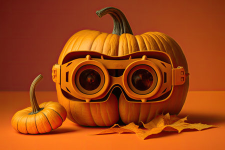 Carved goggles on a pumpkin, set against an orange background. Uncluttered Halloween still lifeの素材