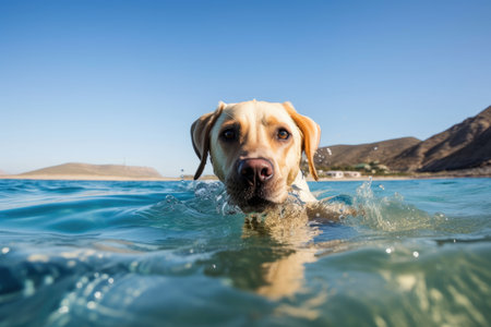A Labrador retriever swims in the seaの素材